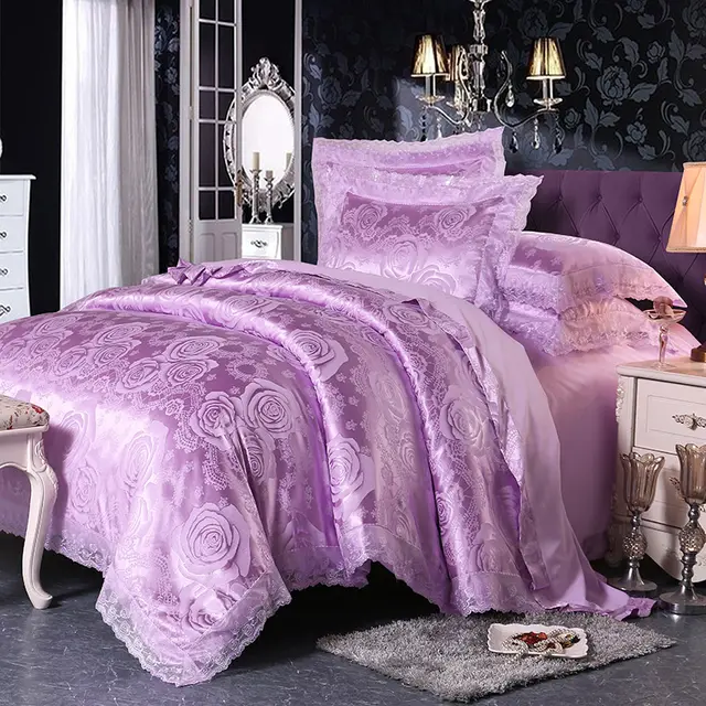 Four-Piece Cotton Bedding With European Style Jacquard Satin - Lilac