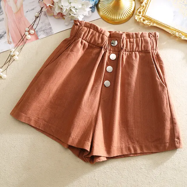 Breasted elasticated high waist shorts Orange - Shop at LoveMi