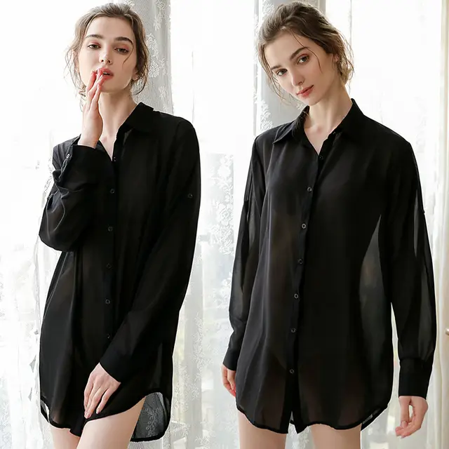 Ladies Chiffon Long sleeved Mid length Shirt Black - Shop at LoveMi