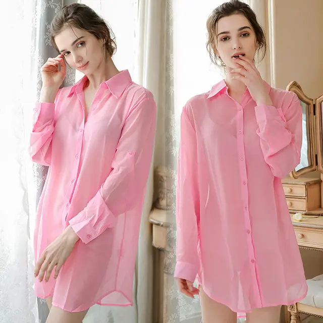 Ladies Chiffon Long sleeved Mid length Shirt Pink - Shop at LoveMi