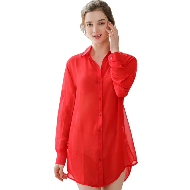 Ladies Chiffon Long sleeved Mid length Shirt Red - Shop at LoveMi