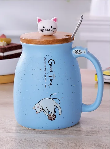 450ml Cartoon Ceramics Cat Mug With Lid and Spoon Coffee Milk Tea Mugs Breakfast Cup Drinkware Novelty Gifts Blue - Shop at LoveMi