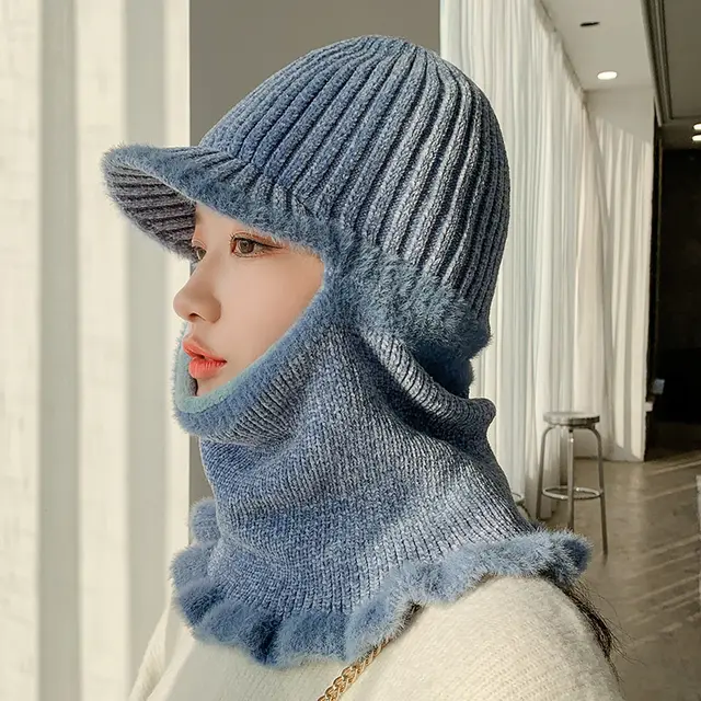 Velvet chenille warm knitted hat Grey Blue - Shop at LoveMi