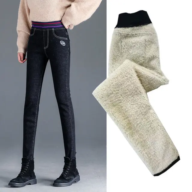 Women's warm stretch and velvet elastic waist jeans for winter Black Thickened - Shop at LoveMi