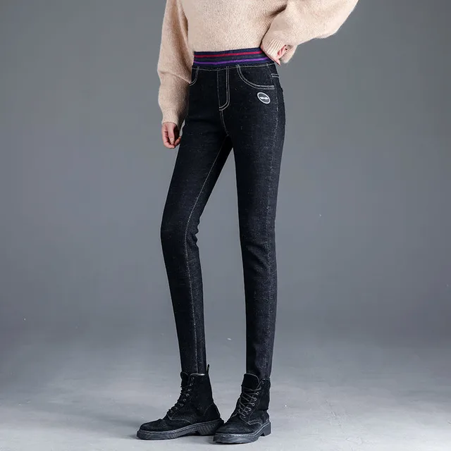 Women's warm stretch and velvet elastic waist jeans for winter Black - Shop at LoveMi