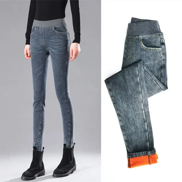 Women's warm stretch and velvet elastic waist jeans for winter - Blue Gray Thickened
