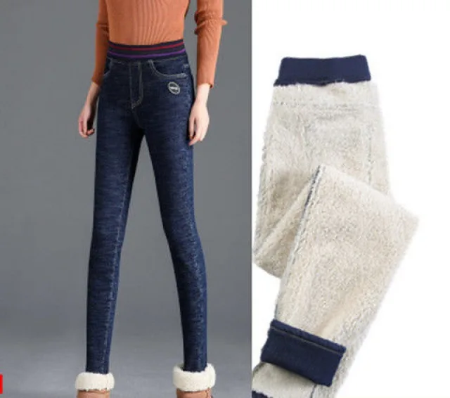 Women's warm stretch and velvet elastic waist jeans for winter Dark Blue Thickened - Shop at LoveMi