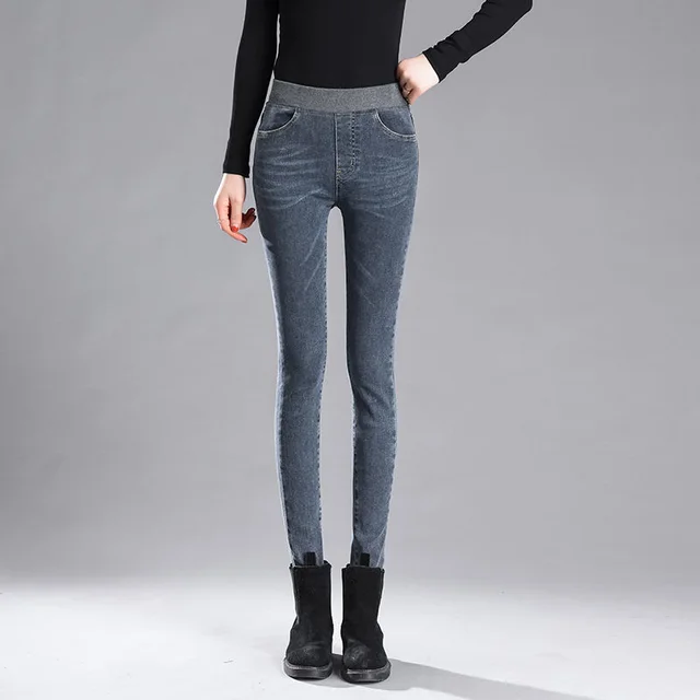 Women's warm stretch and velvet elastic waist jeans for winter - Grey Blue