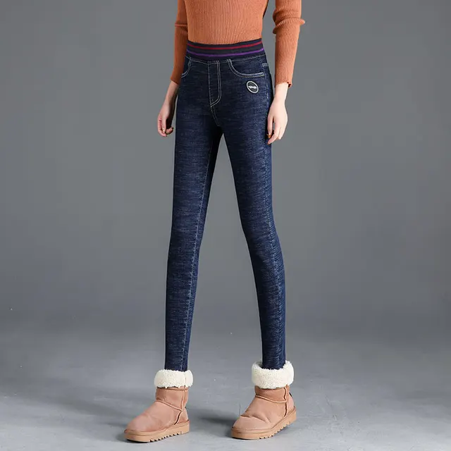 Women's warm stretch and velvet elastic waist jeans for winter Navy Blue - Shop at LoveMi