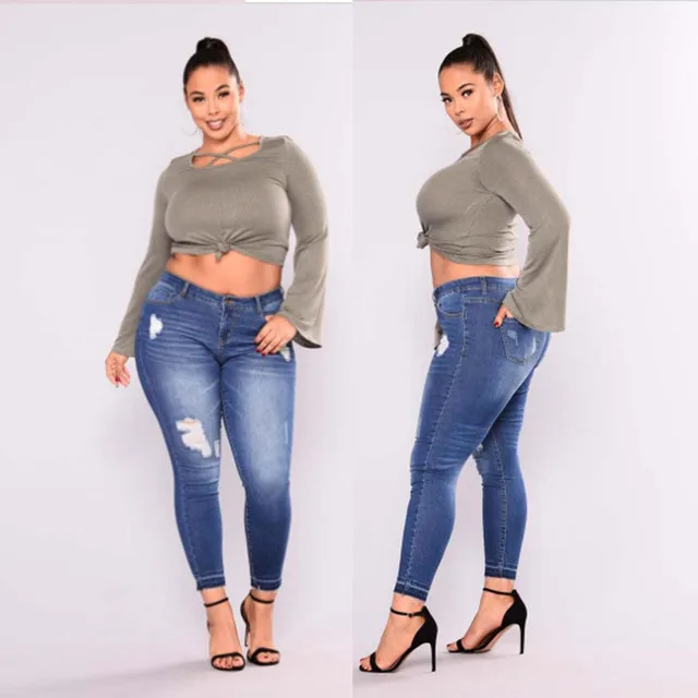 Add Fertilizer To Increase High Elasticity Ripped Jeans Blue - Shop at LoveMi