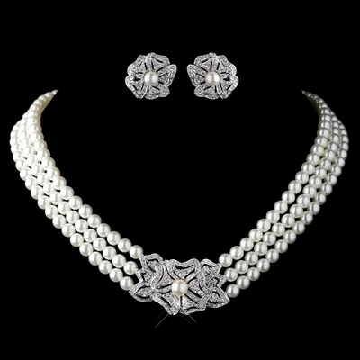 Pearl Rhinestone Necklace Earrings Jewelry Set Default - Shop at LoveMi