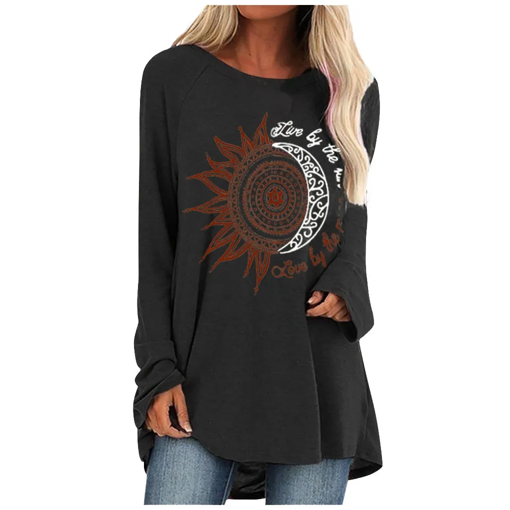 Loose round neck sun flower letter print long sleeve T-shirt - Black