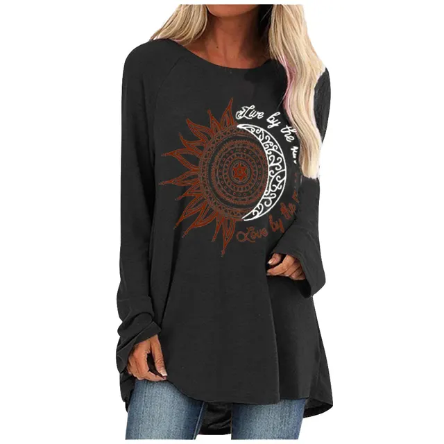 Loose round neck sun flower letter print long sleeve T shirt Black - Shop at LoveMi