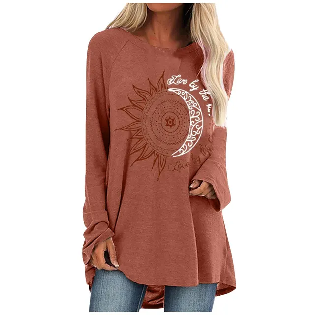 Loose round neck sun flower letter print long sleeve T shirt Brown - Shop at LoveMi
