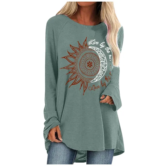 Loose round neck sun flower letter print long sleeve T shirt Silver Grey - Shop at LoveMi