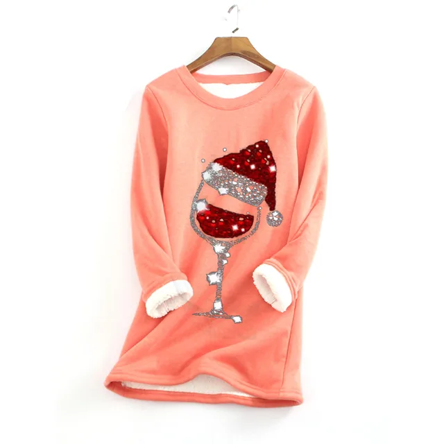Christmas red wine glass print plus velvet bottoming shirt West Red - Shop at LoveMi