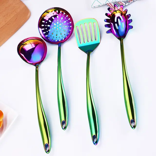 Rainbow Kitchen Tools Cooking Utensils Restaurant Cookware Kitchenware Set Soup Ladle Colander Spoon Slotted Turner - 4Pcs Set