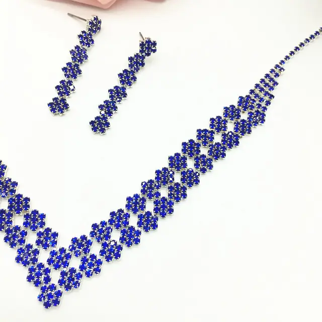 The bride necklace of exquisite luxury double Diamond Pendant Earring Set Korean wedding dress accessories female Necklace Bule - Shop at LoveMi