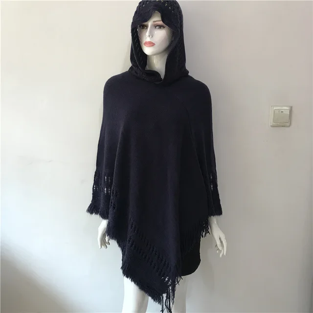 Hollow tassel cloak shawl - Navy
