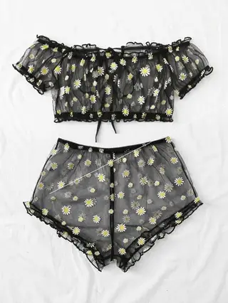 Women's Mesh Printed Lingerie Set - Black