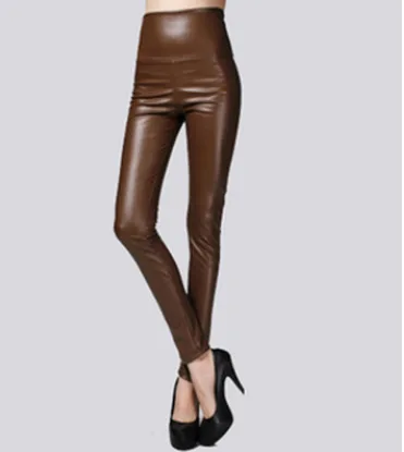 Real shot autumn and winter new color elastic pu leather plus velvet thickening leggings wearing high waist tight leather pants Coffee - Shop at LoveMi