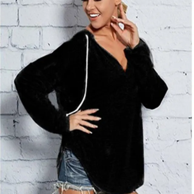 Autumn and Winter V-Neck Hooded Long Sleeve Sweatshirt - Black
