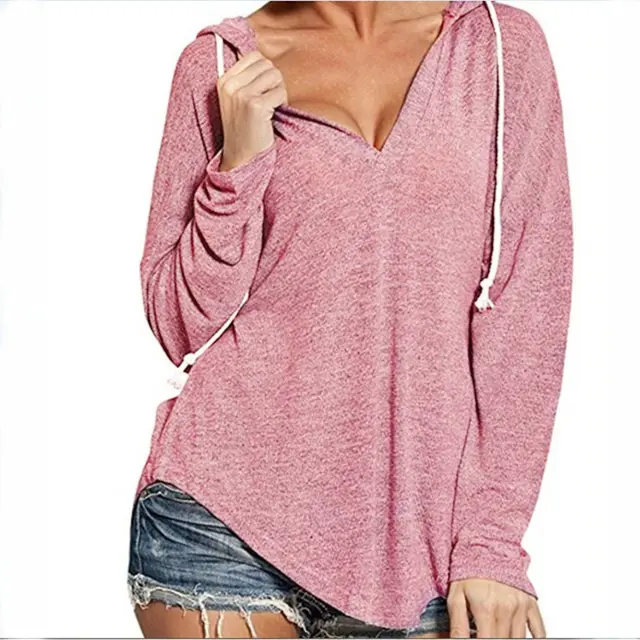 Autumn and Winter V Neck Hooded Long Sleeve Sweatshirt Flower Pink - Shop at LoveMi