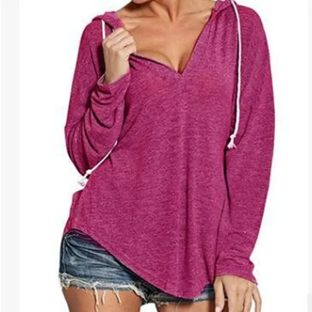 Autumn and Winter V Neck Hooded Long Sleeve Sweatshirt Pink Purple - Shop at LoveMi