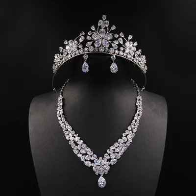 Bride headdress crown necklace three piece Earrings Korean wedding wedding wedding jewelry ornaments suit Default - Shop at LoveMi