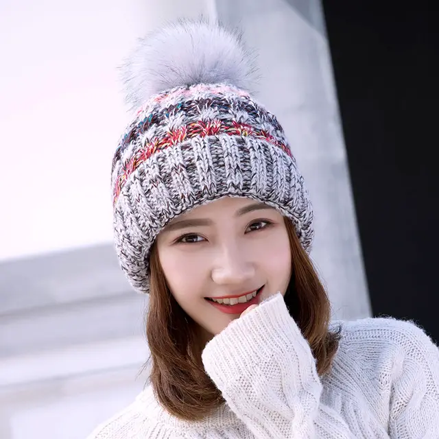 Wool ball warm knitted hat Grey - Shop at LoveMi