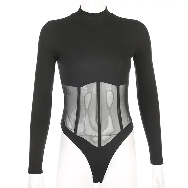 Sexy mesh stitching slim long sleeve ladies jumpsuit Black - Shop at LoveMi