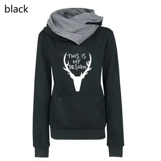 Deer Head Print Stitching Long-Sleeved Pile Neck Pullover Sweater - Black