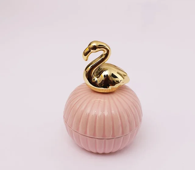 Ring Bracelet Ceramic Jewelry Box - Golden Flamingo