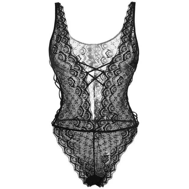 Hollow lace see-through hot seductive bodysuit - Black