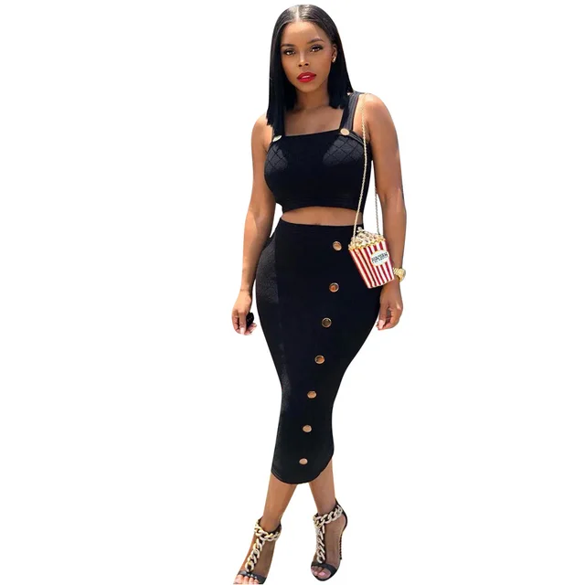 Two Piece Casual Sexy Suspender Midi Skirt Black - Shop at LoveMi