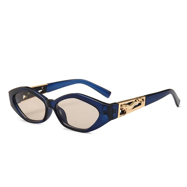 Angular Cat-eye Sunglasses, Modern Retro Temples In The Shape Of A Jumping Cheetah - Blue