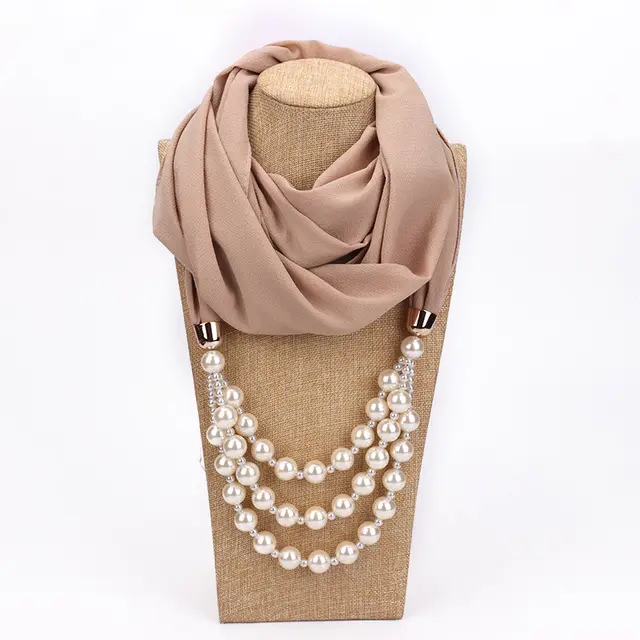Pearl Necklace With Scarf - Beige