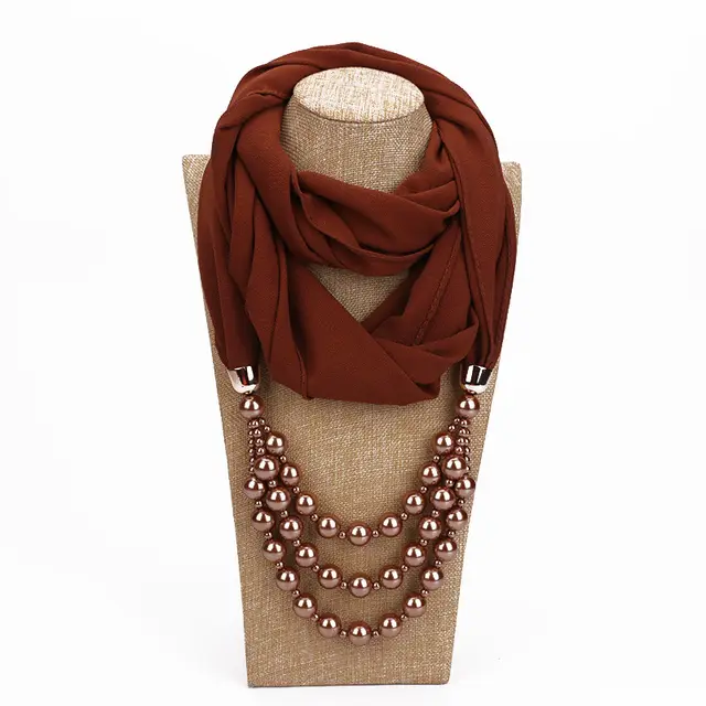 Pearl Necklace With Scarf - Brick Red