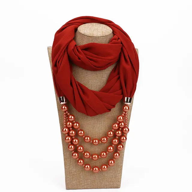 Pearl Necklace With Scarf - Brownish Red