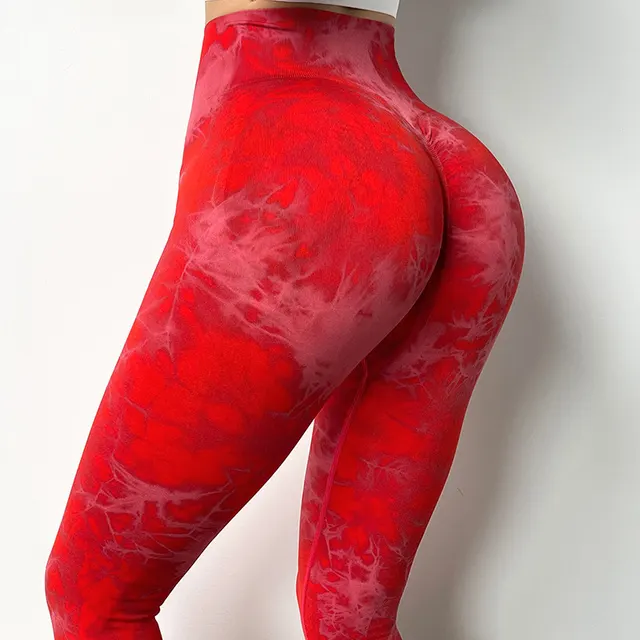 Tie-Dye Seamless Knitted Peach Hip Yoga Pants - Red