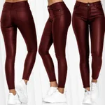 Women's solid color leather casual pants foot pants - Red