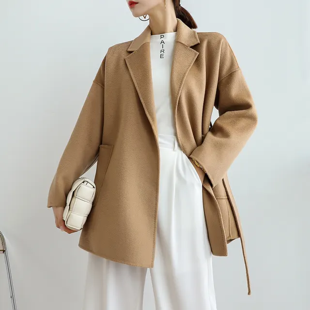 High-end nightgown water ripple double-sided cashmere coat women lace - Camel