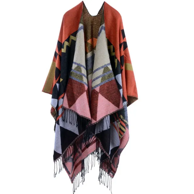 Bohemian tassels Europe and the United States long thickening cashmere autumn and winter national wind travel split shawl cloak Orange - Shop at LoveMi
