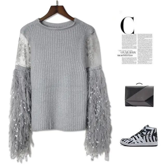 Stitched Lace See Through Tassel Half High Collar Versatile Solid Sweater - Grey