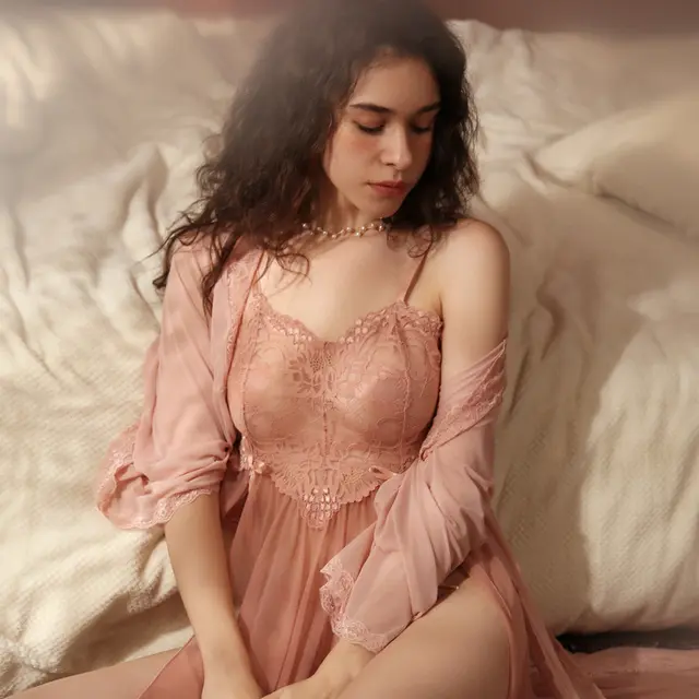 Women's lace thin transparent suspender nightdress - Robe Nude
