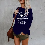 Ladies Printed Mid-length Lrregular T-shirt - Navy White