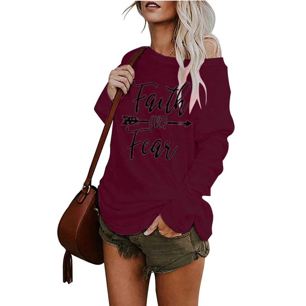 Ladies Printed Mid-length Lrregular T-shirt - Wine Red Black