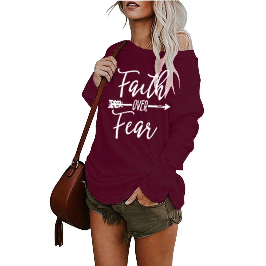 Ladies Printed Mid-length Lrregular T-shirt - Wine Red White