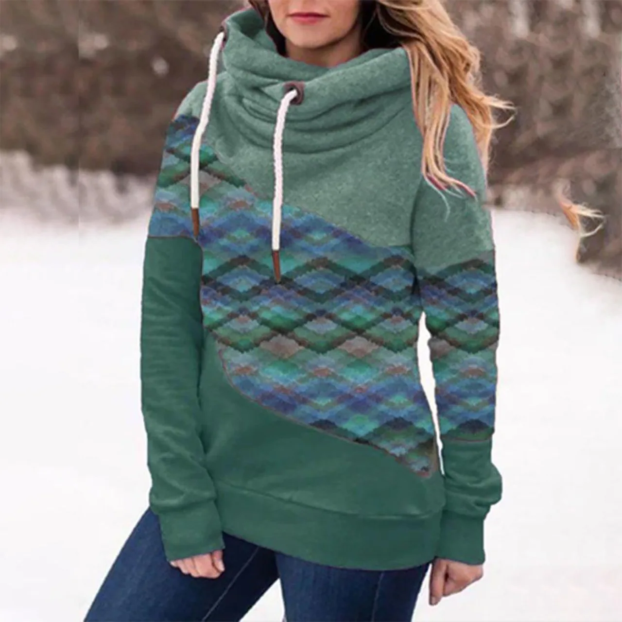 Stitching hooded women's sweater - Green
