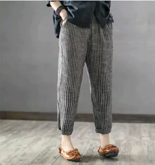 summer new European and American elastic waist stitching striped linen casual pants nine pants straight pants - Black